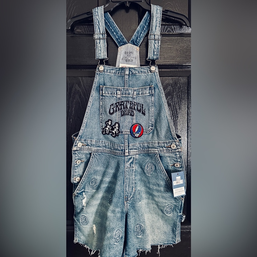 Lucky Brand Grateful Dead Embroidered Distressed Overalls NWT $129 XS